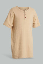 Load image into Gallery viewer, Redtag-Beige-Jacquard-Henley-Tshirt-Plain-T-Shirts-Senior-Boys-9 to 14 Years
