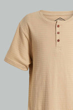 Load image into Gallery viewer, Redtag-Beige-Jacquard-Henley-Tshirt-Plain-T-Shirts-Senior-Boys-9 to 14 Years
