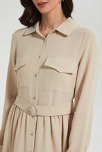 Load image into Gallery viewer, Redtag-Cream-Long-Shit-Dress-With-Belt-In-Longsleeves-Dresses--
