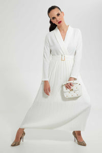 Redtag-Cream-Long-Dress-With-Belt-In-Longsleeves-Dresses--