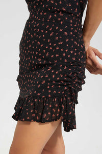 Black Pink Frilled Hem Skirt