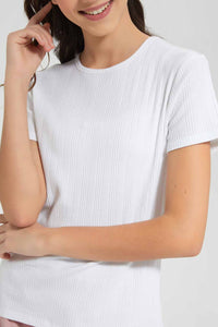 Redtag-White-Rib-T-Shirts-Category:T-Shirts,-Colour:White,-Deals:New-In,-Filter:Senior-Girls-(9-to-14-Yrs),-GSR-T-Shirts,-New-In-GSR-APL,-Non-Sale,-Section:Girls-(0-to-14Yrs),-TBL,-W22A-Senior-Girls-9 to 14 Years
