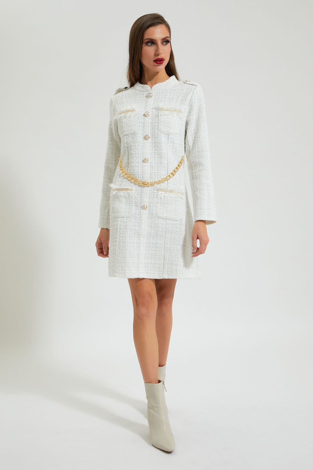 Ivory Checked Dress With Chain And Buttons