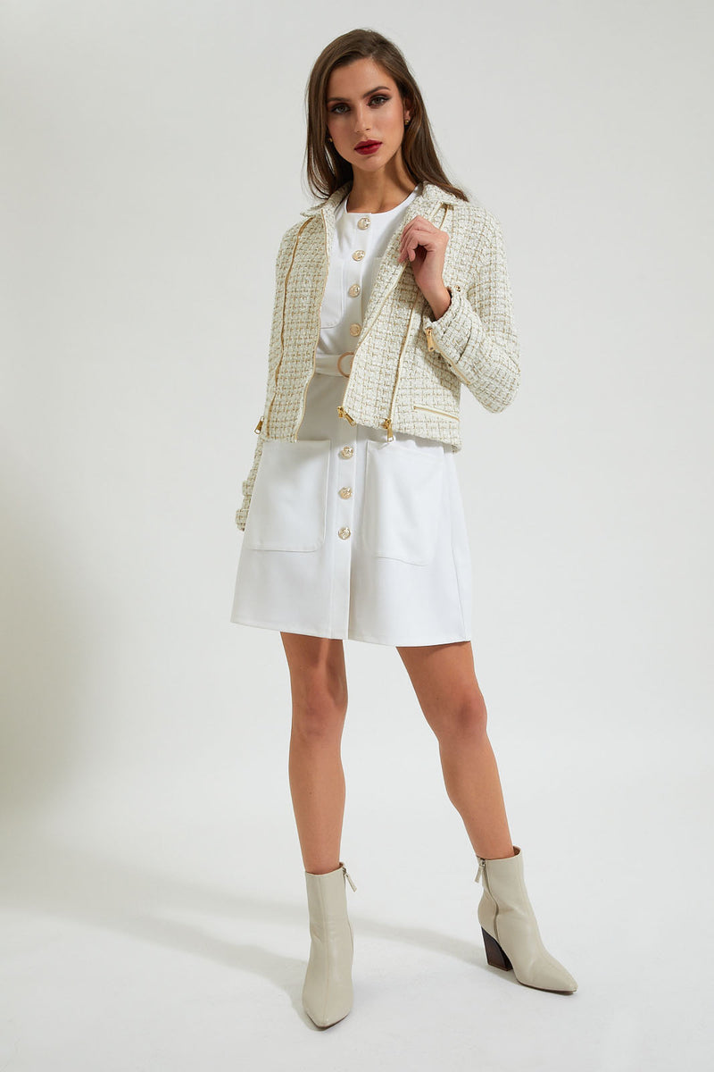 Beige Tweed Biker Jacket